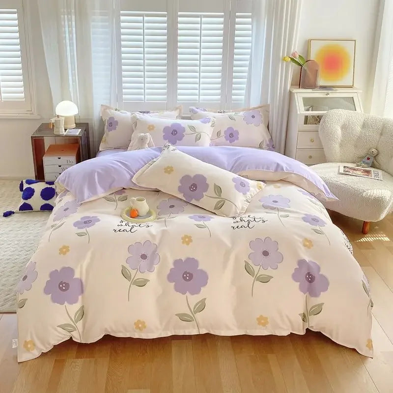 YOUMIKA  -  Pastoral Floral Bedding Set No Filler Soft Washed Cotton Duvet Cover Flat Sheet Pillowcase Full King Girls Adults Bed Linens