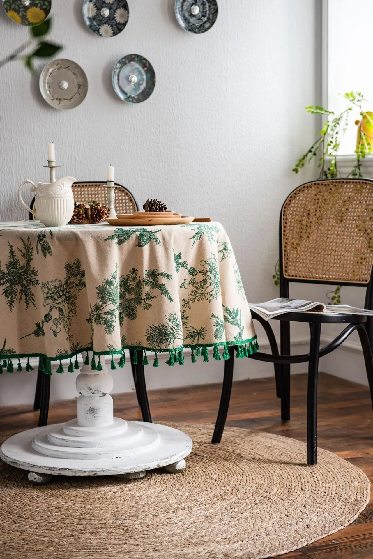 YOUMIKA  -  Round Tablecloth with Tassels Table Cloth Korean Cotton Linen Green Pine Table Cover Home Party Decoration Farmhouse Tabledecor