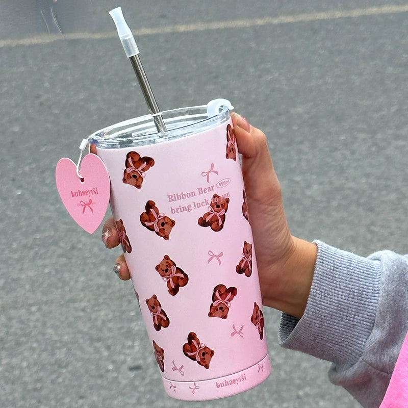 YOUMIKA  -  Cute Pink Bow Teddy Bear Insulated Cup 304 Stainless Steel Portable Straw Cup Water Bottles