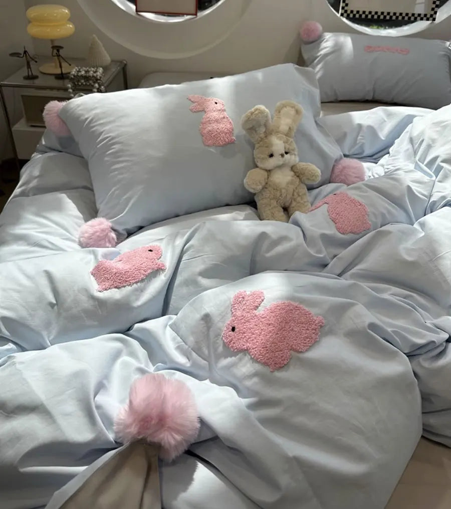 YOUMIKA  -  Cute towel embroidery rabbit blue pink bedding set,full queen king sand cotton home textile bed sheet pillow case quilt cover