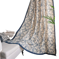 YOUMIKA  -  Cotton Linen Blue Flower Curtains Rural and Pastoral Style Curtain with Blue Lace Bedroom and Living Room