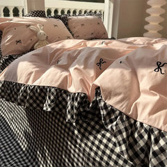 YOUMIKA  -  Sweet cool bow plaid bedding set teen,full queen king cute pink double cotton home textile bed sheet pillow case quilt cover