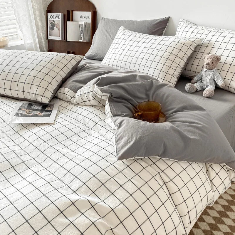 YOUMIKA  -  Ins Green Grid Bedding Set Bed Linen Nordic Lattice Duvet Cover For Adults Boys Bedspread Flat Sheet Simple Single Quilt Cover