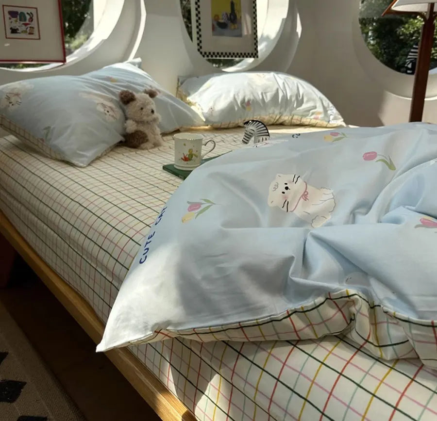 YOUMIKA  -  Cute Cartoon Cat Blue Plaid Bedding Set Single Double Teen,twin Full Queen Cotton Home Textile Bed Sheet Pillow Case Quilt Cover