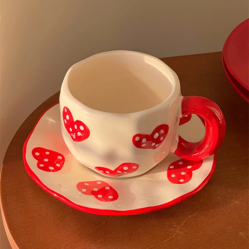 YOUMIKA  -  Festivals with Hand Gifts Creative Irregular Heart Shaped Ceramic Coffee Cups Dishes Flower Tea Cups