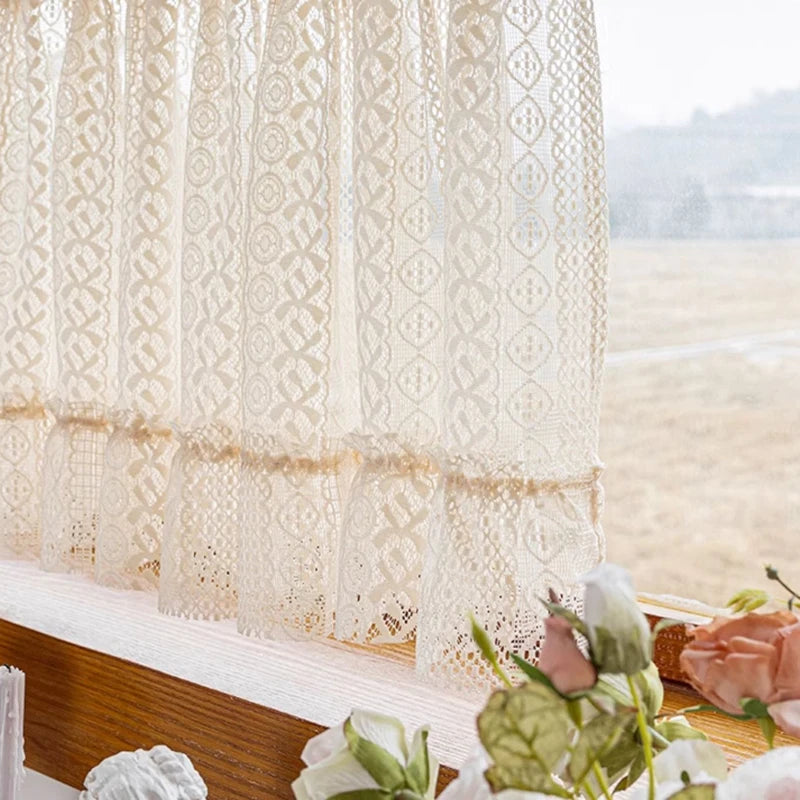 YOUMIKA  -  Boho Sheer Curtain Valance Crochet Lace with Hollow Knitted Handmade Tassels Short Farmhouse Window Treatments for Kitchen Cafes