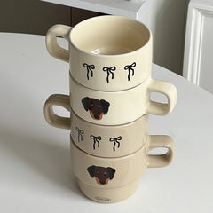 YOUMIKA  -  Cream Brown Bow Puppy Ceramic Mug with Hand-painted Coffee Stacking Cup As A Gift