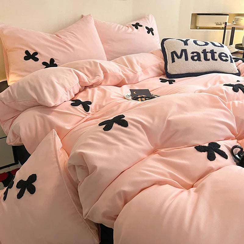 YOUMIKA  -  INS Pink Bowknot Bedding Set Flat Bed Sheet Pillowcase Twin Full Queen Size Bed Linen Women Girls Duvet Cover No Filling