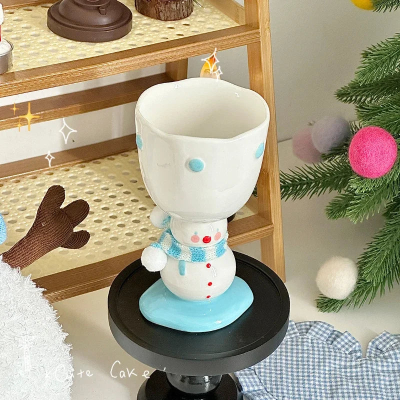 YOUMIKA  -  Cute Scarf Snowman High Footed Cup Underglaze Color Hand-painted Gift Ice Cream Ceramic Mug Souvenir