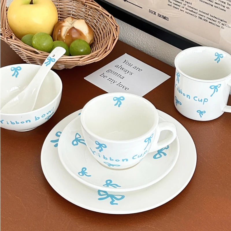 YOUMIKA  -  Korean Bow Ceramic Tableware Set Cute Breakfast Plate Afternoon Tea Tableware Dinner Plate Set