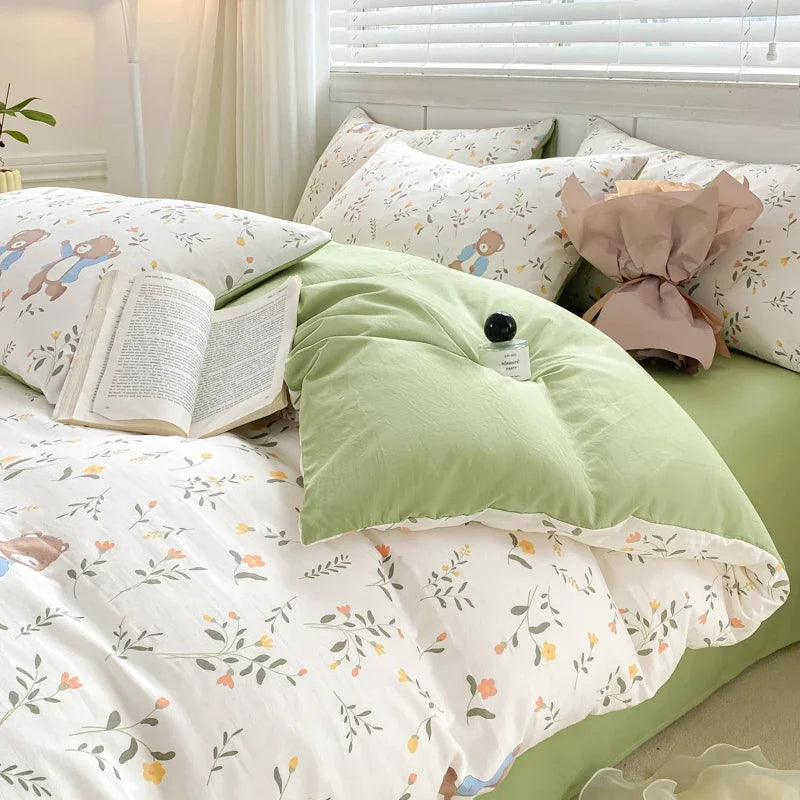 YOUMIKA  -  2024 New Floral Bedding Set with Flat Sheet Pillowcases Green Duvet Cover No Filling Queen Full Size Boys Girls Bed Linens