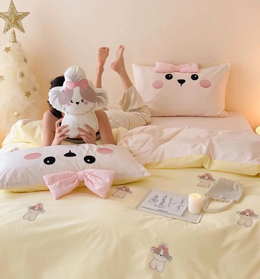 YOUMIKA  -  Cute embroidery dog yellow beding set 1.2 1.5 1.8 2.0,twin full queen king cotton home textile bed sheet pillow case duvet cover