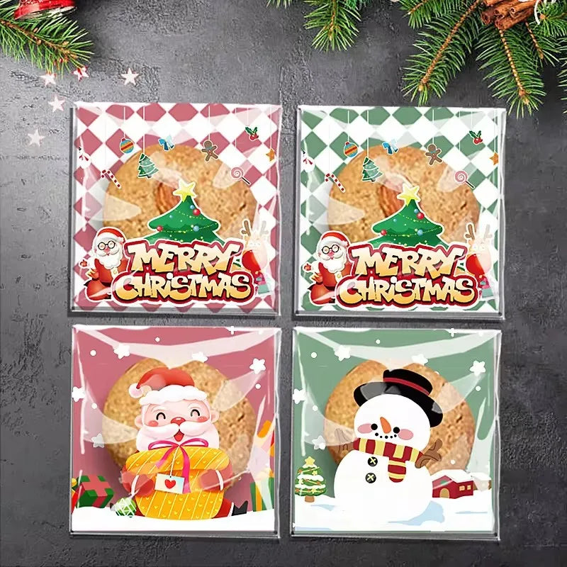 YOUMIKA  -  100Pcs Christmas Candy Gift Bag Self Adhesive Snack Cookie Baking Packaging Bags Navidad Xmas Party Decor Supplies New Year 2025