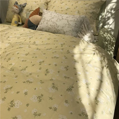 YOUMIKA  -  3/4pcs Korean Pastoral Style Small Floral Duvet Cover Bedding, Pure Cotton Light Yellow Artistic 1.2/1.5/1.8/2m Bed Sheets