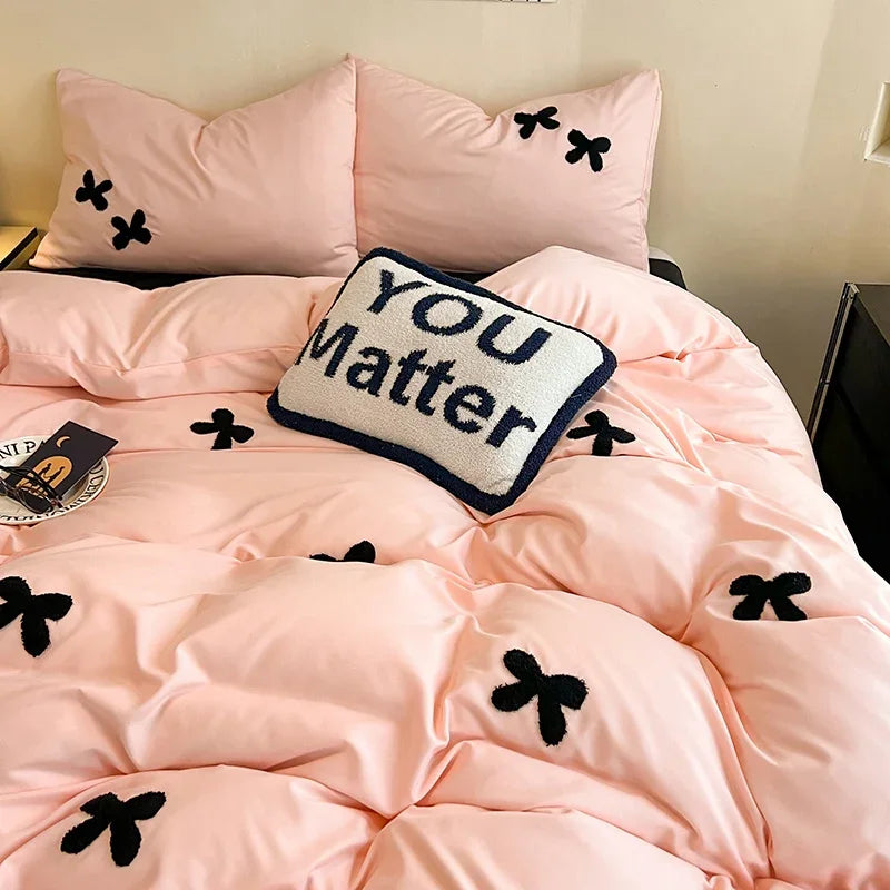 YOUMIKA  -  INS Pink Bowknot Bedding Set Flat Bed Sheet Pillowcase Twin Full Queen Size Bed Linen Women Girls Duvet Cover No Filling