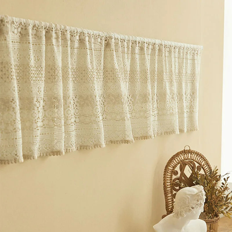 YOUMIKA  -  Rustic Crochet Curtain Valance, Vintage Lace Curtains, Rod Pocket, Hollow Sheer for Cafe, Kitchen Window, Living Room Dividers