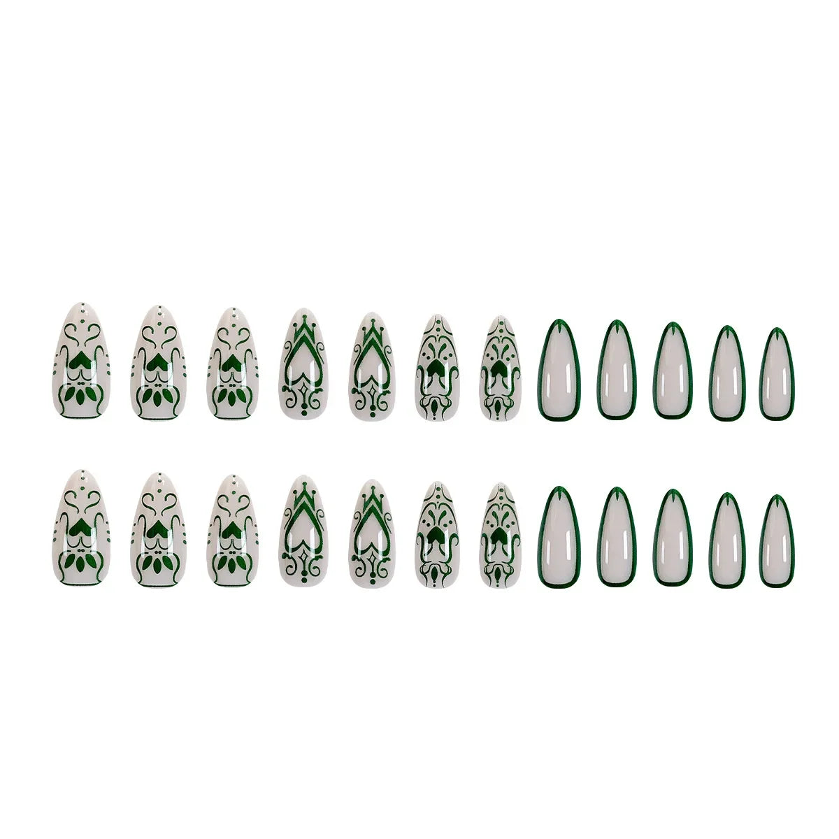 YOUMIKA  -  24Pcs Simple French Almond Fake Nails With Green Love Line Pattern Design Sweet False Nails Full Cover Artificial Nails Press On