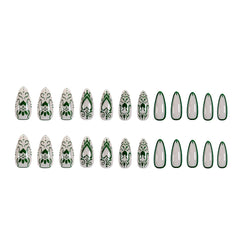 YOUMIKA  -  24Pcs Simple French Almond Fake Nails With Green Love Line Pattern Design Sweet False Nails Full Cover Artificial Nails Press On