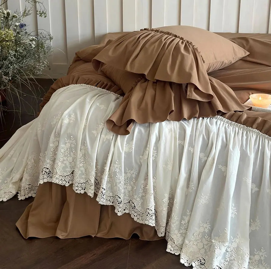 YOUMIKA  -  Elegant fairyfair lace brown coffee bedding set,full queen king vintage cotton home textile bed skirt pillow case duvet cover