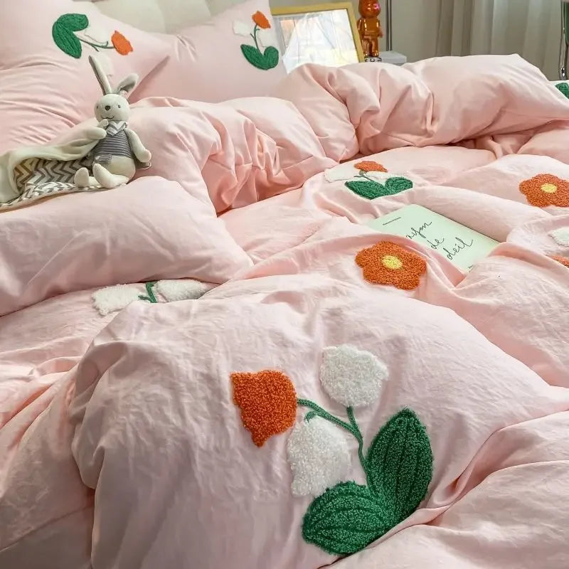 YOUMIKA  -  Cute Flower Embroidery Bedding Set Pink Girls Duvet Cover With Sheet Pillowcase Soft Washed Cotton Bed Linen Decor Home Textiles