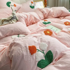 YOUMIKA  -  Cute Flower Embroidery Bedding Set Pink Girls Duvet Cover With Sheet Pillowcase Soft Washed Cotton Bed Linen Decor Home Textiles