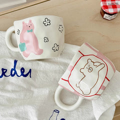 YOUMIKA  -  Korean Cute Healing Little Bear Pinching Irregular Ceramic Mug Couple Coffee Cup Coffee Mug