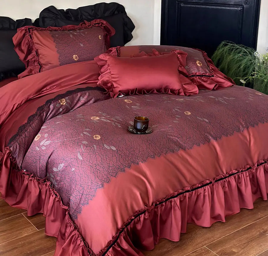 YOUMIKA  -  Vintage pastoral red bedding set,full queen king retro fairyfair ruffled cotton home textile bed sheet pillow case quilt cover