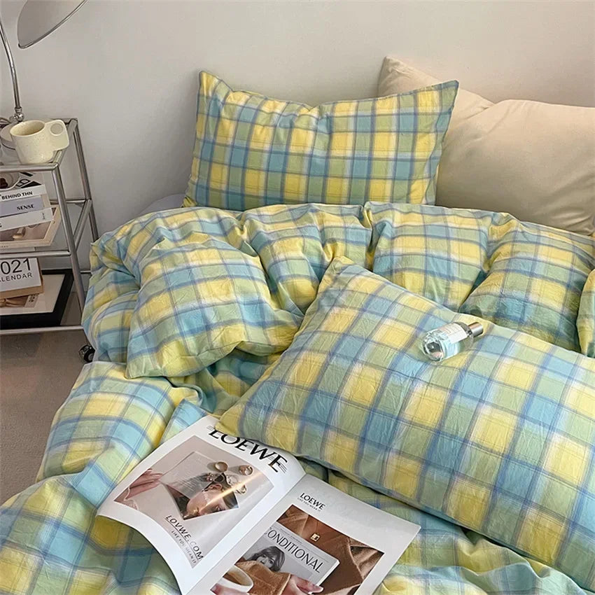 YOUMIKA  -  Fashion Plaid Bedding Set 100% Cotton Duvet Cover Set Home Textiles Nordic Bed Sheet Queen King Quilt Cover Pillowcase Bed Linen