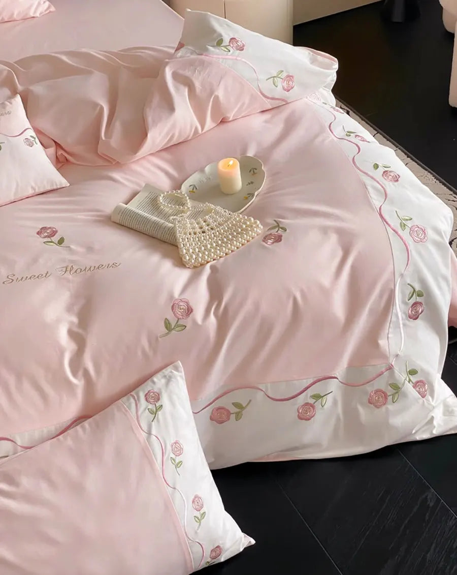 YOUMIKA  -  Romantic pink embroidery rose bed set single double,twin full queen king cotton home textile bed sheet pillow case quilt cover