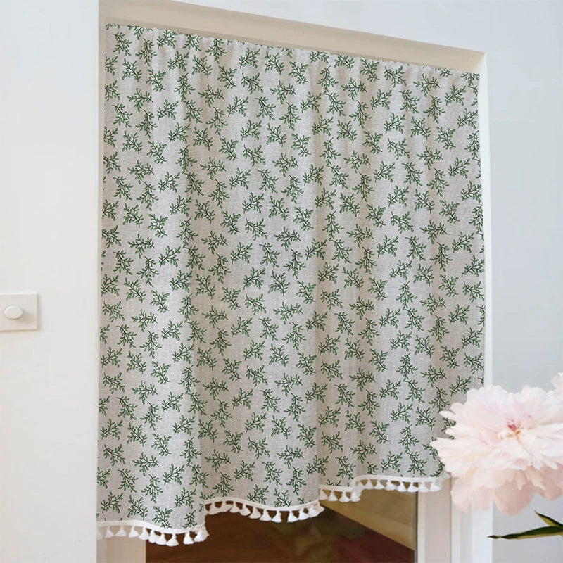 YOUMIKA  -  Cotton Linen Small Green Leaf Curtains Rural Pastoral Tropic Style Curtain with Broom Tassels, Bedroom Living Room Customizable