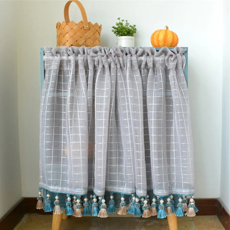 YOUMIKA  -  Boho Kitchen Curtains Modern Farmhouse Cotton Linen Short Window Panel Country Gingham Tassel Cafe Semi-Sheer Curtain Decoration