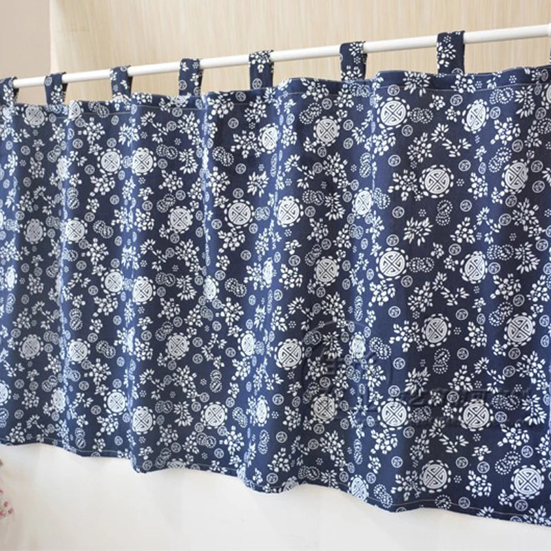 YOUMIKA  -  Navy Printed Ethnic Style Cotton Tiers Curtain Country Kitchen Curtains Tab Top for Small Windows Bathroom Restaurant Home Decor