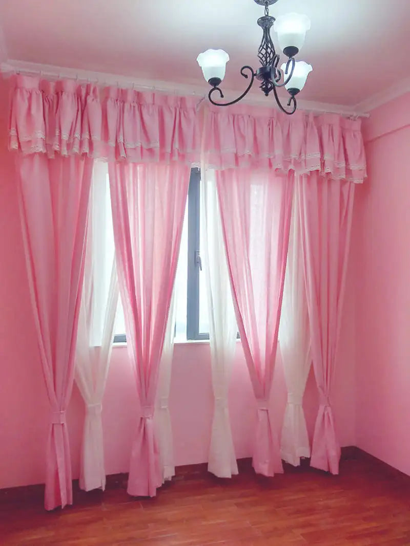 YOUMIKA  -  Korean Princess Pink Curtains with Lace Valance, 100% Cotton Fabric Fairy Curtain for Girl's Bedroom Eco-friendly Fabric Drapes