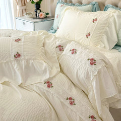 YOUMIKA  -  Elegant French Lace Ruffles Bedding Set Soft Skin-friendly Seersucker Princess Wedding Duvet Cover With Bed Sheet Pillowcases