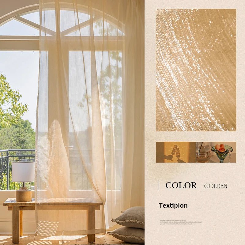 YOUMIKA  - European Golden Hollow Sheer Voile Tulle Curtains, Luxury Window Curtain, Living Room, Bedroom, French Style, Home Decor