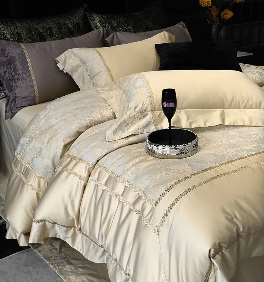 YOUMIKA  -  Luxury european french champagne bed set,full queen king florid jacquard cotton home textile bed sheet pillow case duvet cover