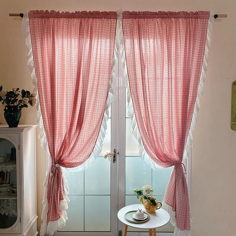 YOUMIKA  -  French Romantic Plaid Blackout Curtains with White Ruffles Retro Princess Style Pink Window Drapes for Girl's Bedroom