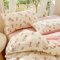 YOUMIKA  -  Fresh Plant Flower Bedding Set Pink Floral Duvet Cover Soft Wash Cotton Home Textiles Pillowcase Sheet Girls Adults Bed Linens