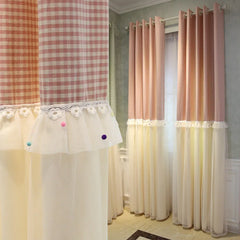 YOUMIKA  -  Fresh Korean Pink Lattice Blackout Curtains for Girl's Bedroom Pastoral Splicing Lace Cortinas Princess Fairy Window Drapes