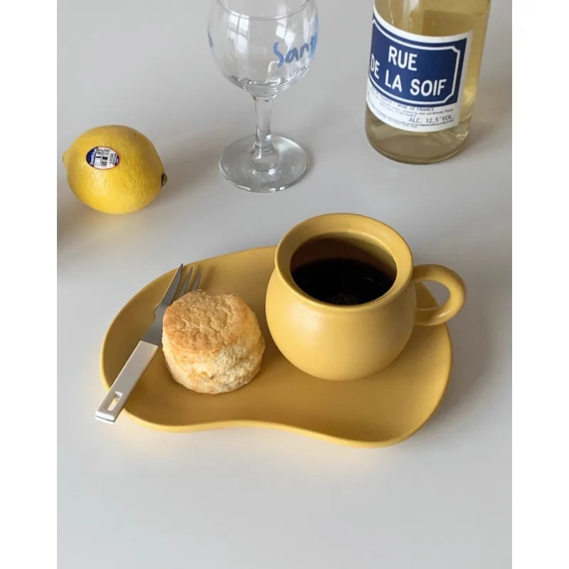 YOUMIKA  -  Matte Mustard Yellow Fava Bean Series Ceramic Mug Plate Dessert Plate Coffee Cup Kitchen Set