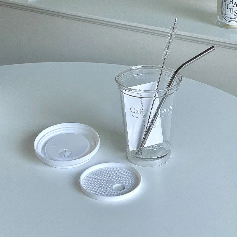 YOUMIKA  -  Korean White Letter Coffee Cup Transparent Plastic Water Cup Accompanying Car Cup Coffee Mug Drinking Glasses