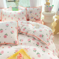 YOUMIKA  -  Ins Pink Flowers Rabbit Comforter Bedding Set Soft Washed Cotton Bed Sheet Girls Kids Quilt Cover Pillowcase Bed Linens