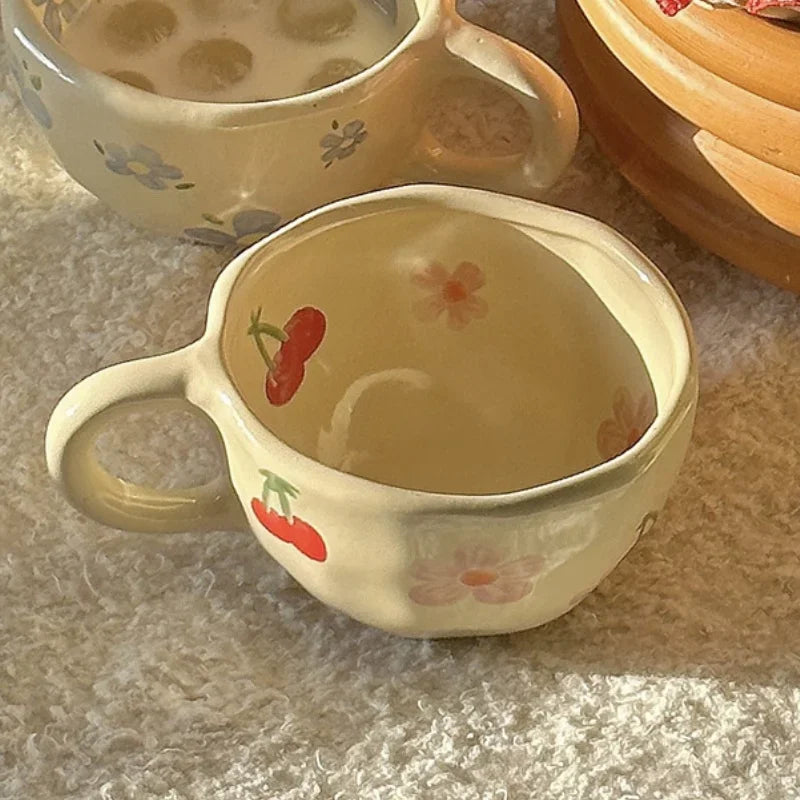 YOUMIKA  -  Vintage Rough Pottery Hand Drawn Korean Style Flower Bud Hand Pinched Ceramic Coffee Cup Breakfast Oatmeal Fruit Handle Cup