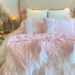 YOUMIKA  -  Pink Korean Princess Style Lace Ruffles Wedding Bedding Set Seersucker Washed Cotton Soft Duvet Cover Set Bed Sheet Pillowcases