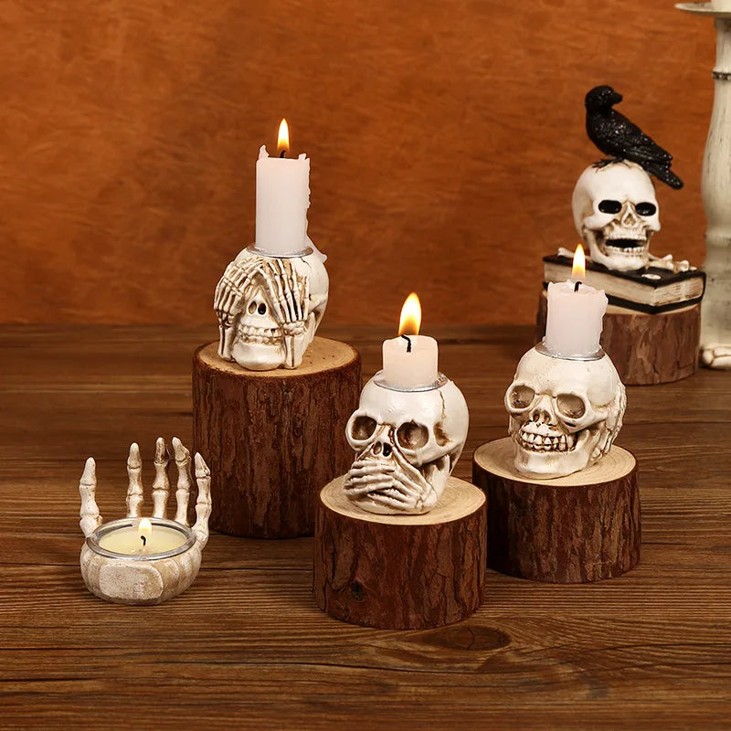 YOUMIKA  -  Halloween Party Skeleton Candle Holder for Home Table Decoration Resin Skull Candlestick Ornament Haunted House Horror Props