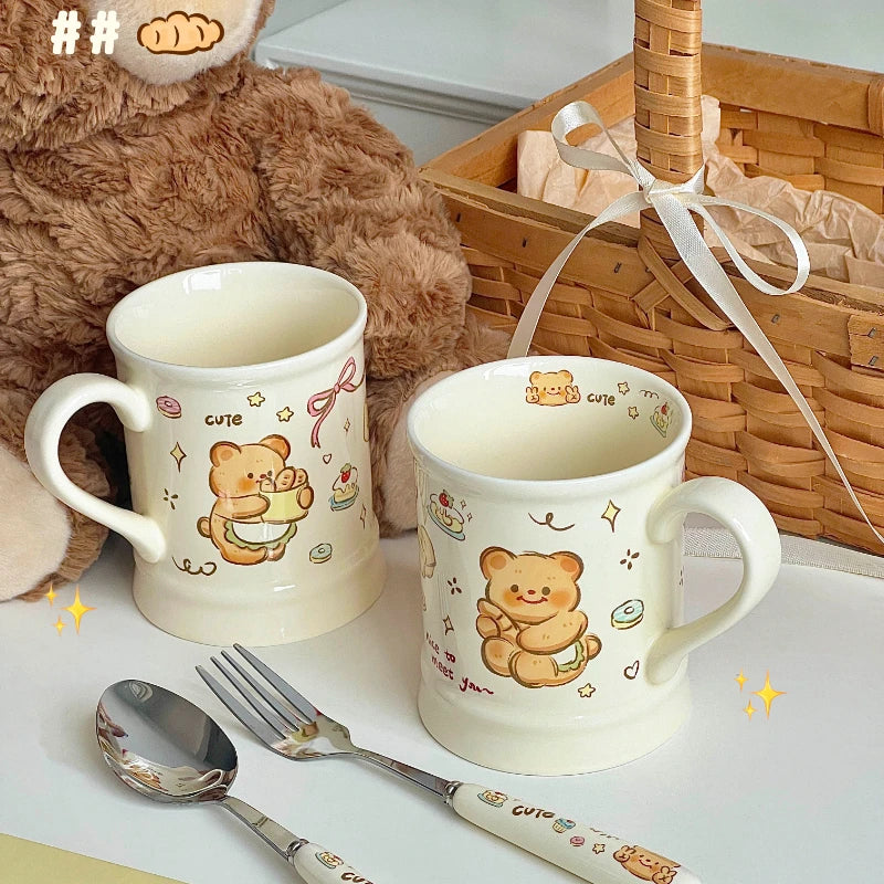 YOUMIKA  -  Cream Style Cute Butter Bread Bear Handle Mug Gift Breakfast Gift Coffee Cup Ceramic Mug