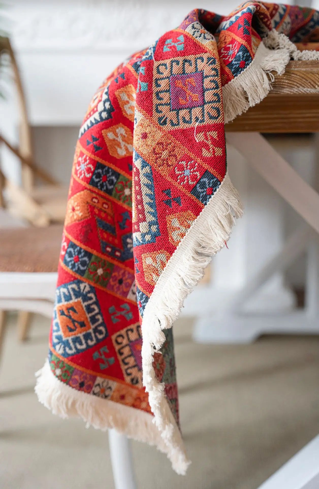 YOUMIKA  -  Cotton Linen Red Seal Tablecloth, Beige Tassels, Tablecover, American Rural Styles, Nation, Bohemian Style