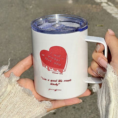 YOUMIKA  -  Red Love Printed Stainless Steel Insulated Mug with Lid Office Coffee Cup Cup Lid Water Bottle Kawaii Water Bottle