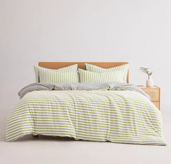 YOUMIKA  -  100% Cotton Jersey Knit Bedding Set Tender Green Stripe Duvet Cover Shams Girls Women Solid Gray Fitted Sheet Queen King Linens