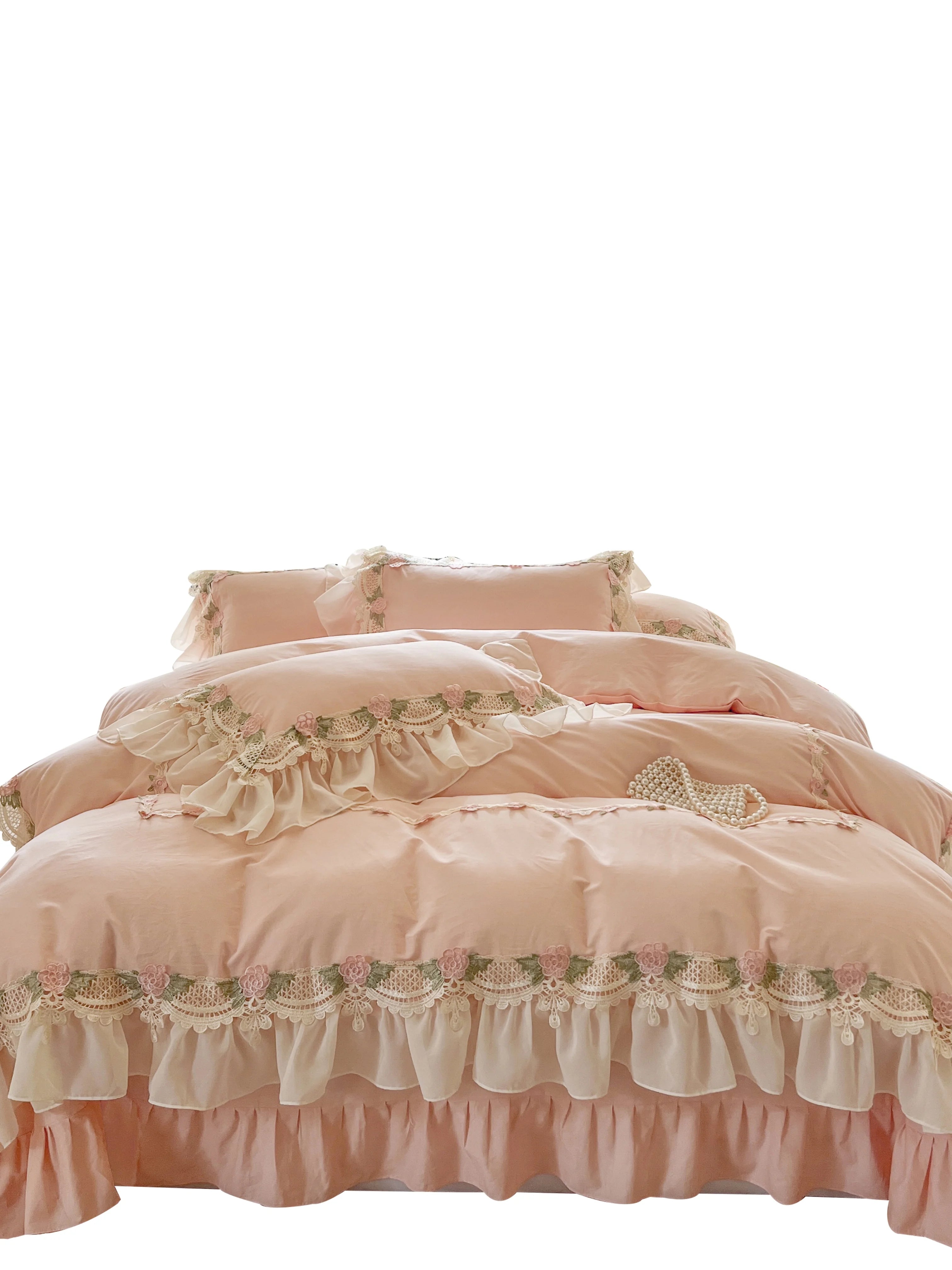 YOUMIKA  -  Ins Pink Confirtable Soft Cotton French Wedding Bedding Set Flowers Lace Embroidery Ruffles Duvet Cover Bed Sheet Pillowcase